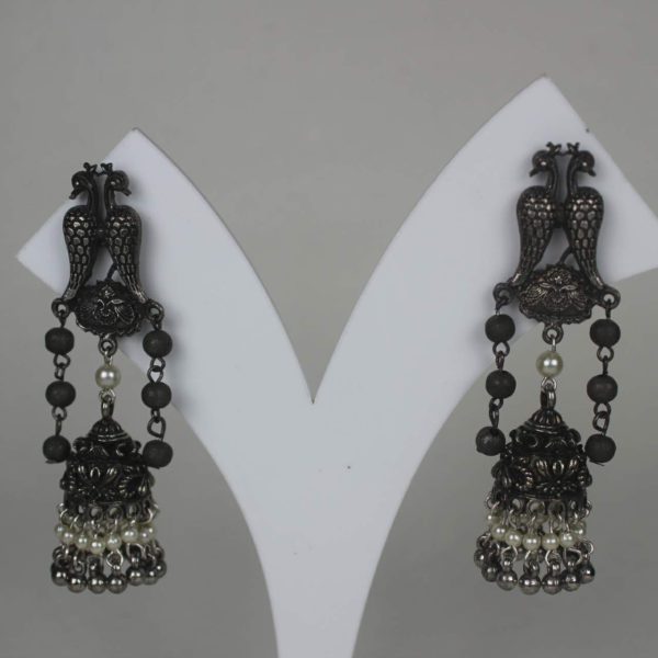 Peacock Motif Earrings in Black Polish