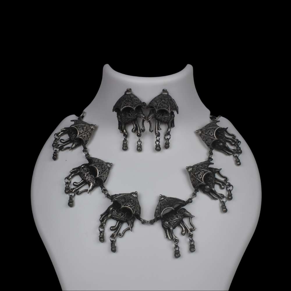 Gypsy Jewellery/ Elephant Motif Choker-Earring Set in Black Polish