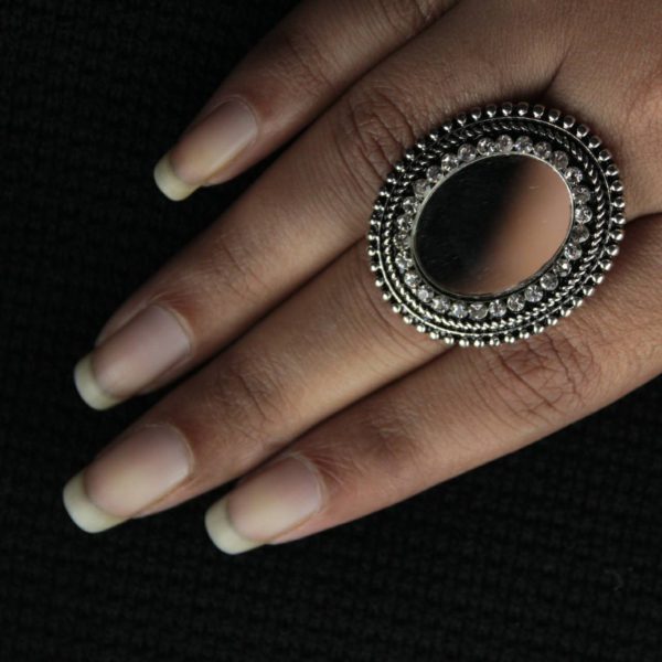 Oxidized Oval Mirror Stone Ring