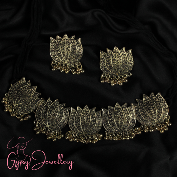 Gypsy Jewellery/ Golden Textured Lotus Choker Set