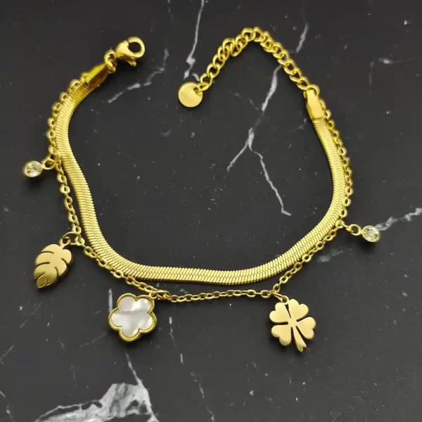 Golden Leaves and Flower Chain Bracelet